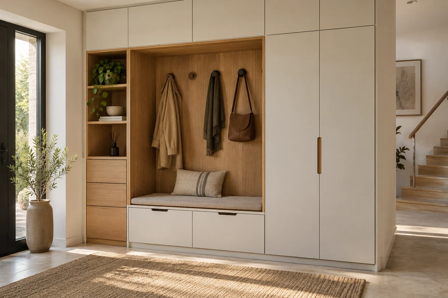 Maßgefertigte Garderobe mit Sitznische, Eichenholz und geschlossenem Stauraum