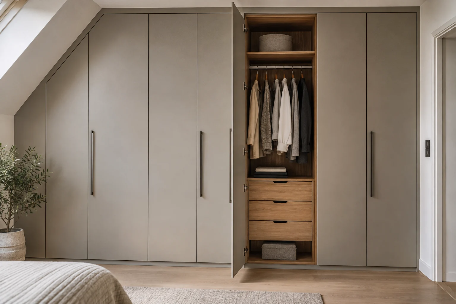Raumhoher Schrank unter einer Dachschräge mit geöffneter Tür und Innenausstattung aus Eichenholz